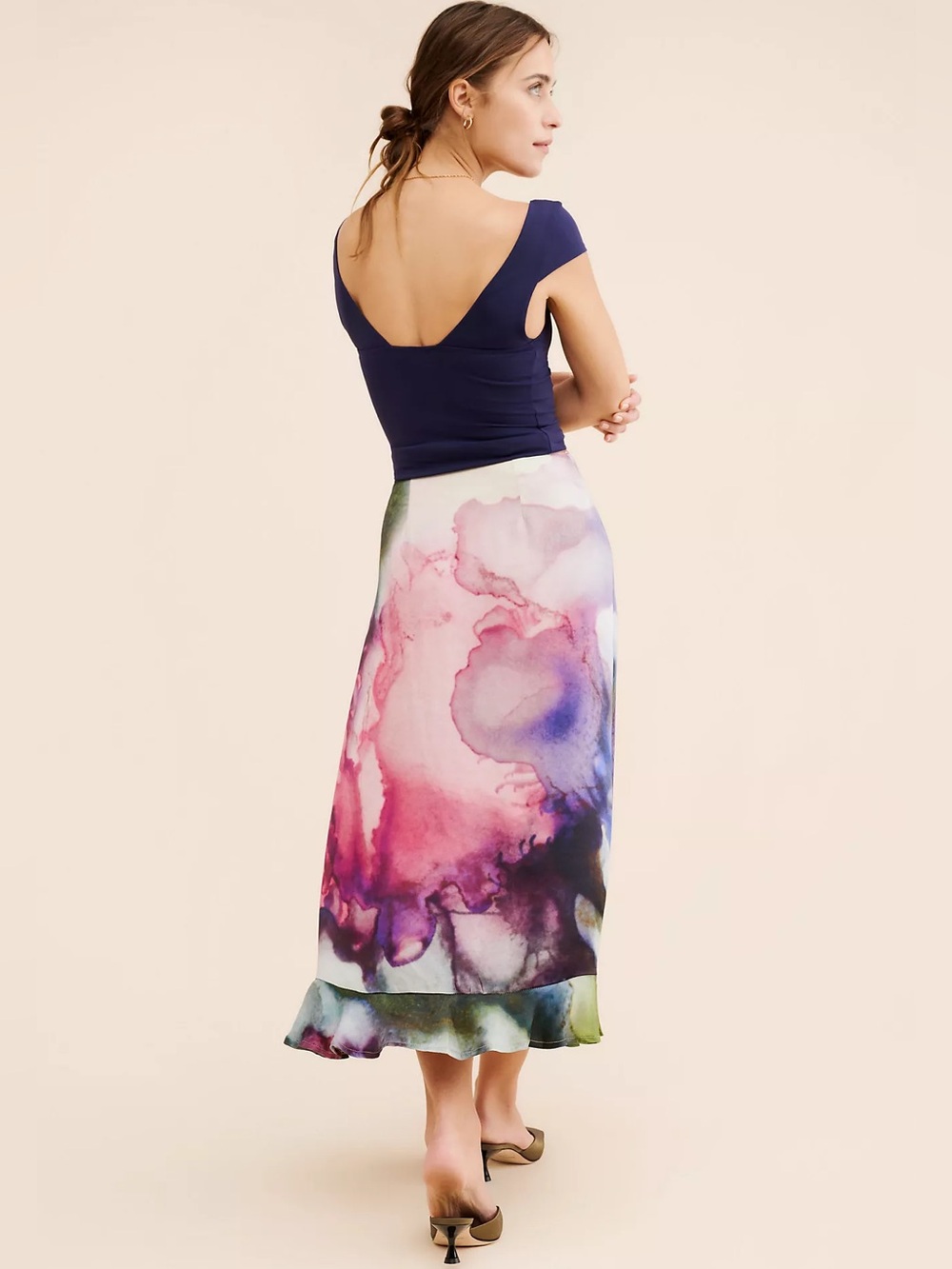 ANTHROPOLOGIE NWT M CONDITIONS APPLY Clania Watercolor Ruffle Trim Maxi Skirt - Picture 9 of 12